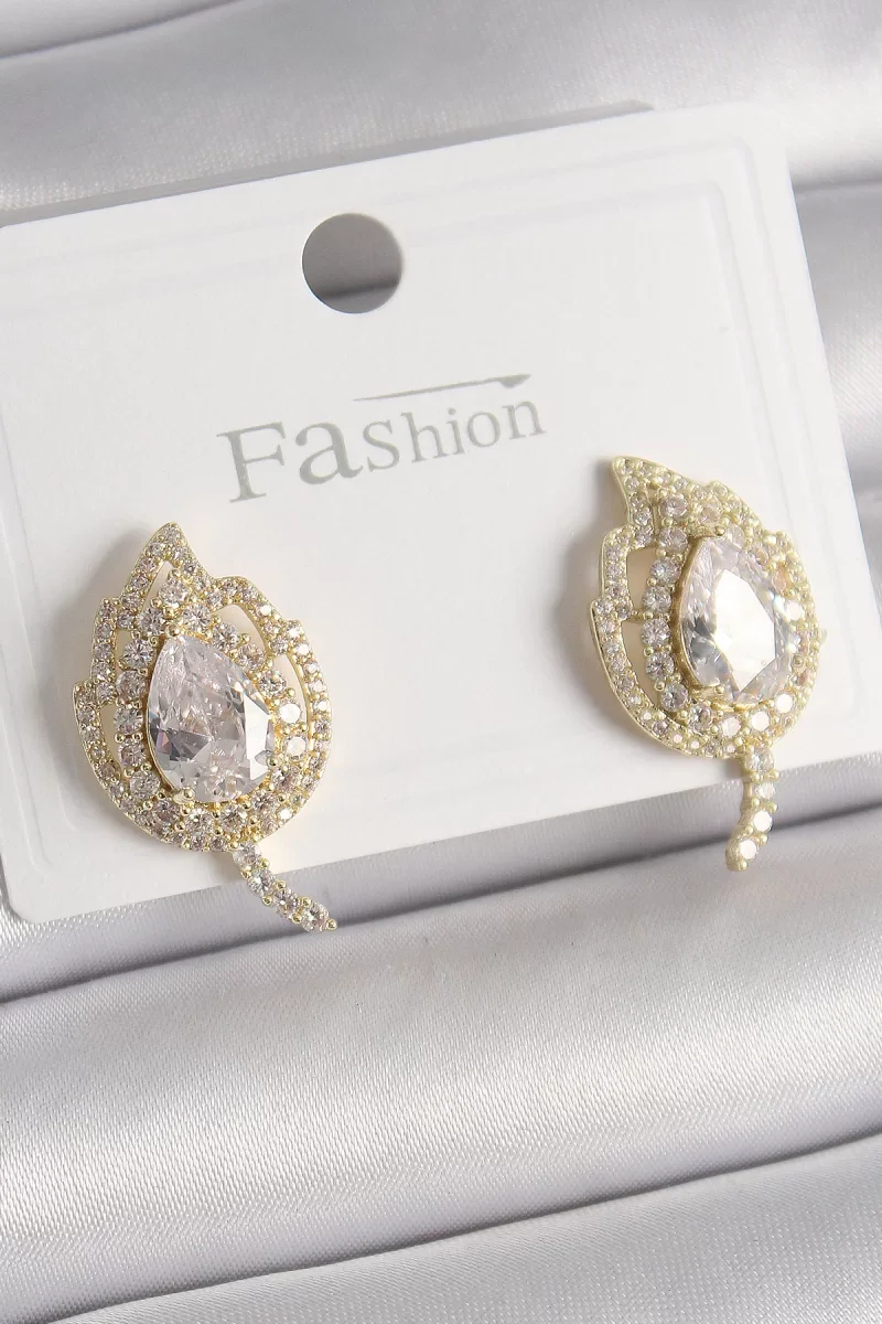 Pirinç Gold Renk Zirkon Taşlı Yaprak Model Kadın Küpe - Lisinya