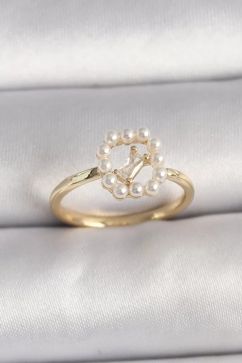 Pirinç Gold Renk Zirkon Taş Detaylı İncili Ayarlanabilir Yüzük - Lisinya