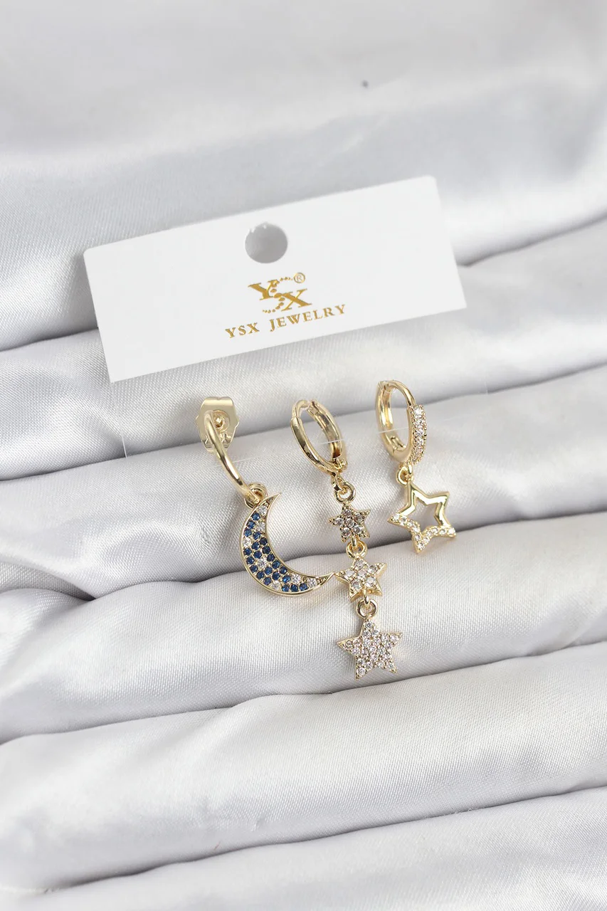 Pirinç Gold Renk Zirkon Taşlı Ay Ve Yıldız Model Ysx Trio Küpe Seti Çok Renkli