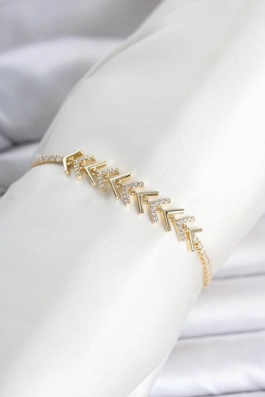 Pirinç Gold Renk Zirkon Taşlı Çavuş Model Su Yolu Kadın Bileklik - Lisinya Diğer