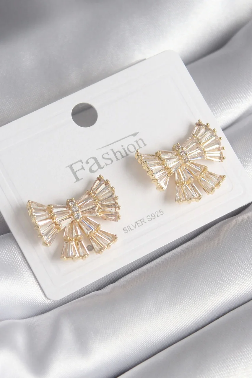 Pirinç Gold Renk Zirkon Taşlı Kurdele Model Kadın Küpe Çok Renkli