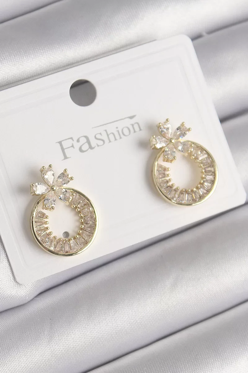 Pirinç Gold Renk Zirkon Taşlı Halka Model Çiçek Figür Kadın Küpe - Lisinya