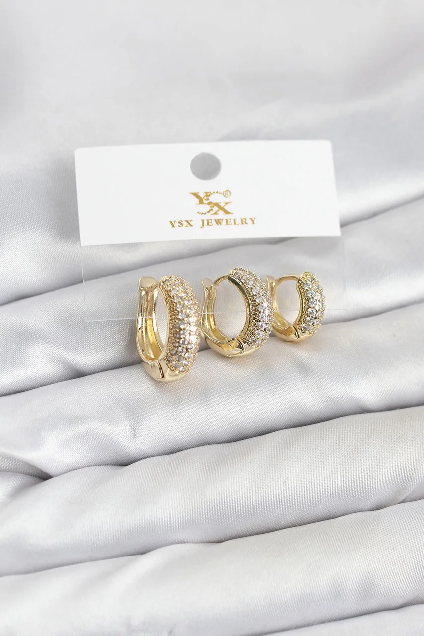 Pirinç Gold Renk Zirkon Taşlı Halka Model Ysx Trio Küpe Seti Çok 