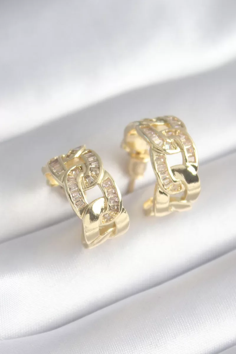 Pirinç Gold Renk Zirkon Taş Detay Zincir Model Kadın Küpe - Lisinya