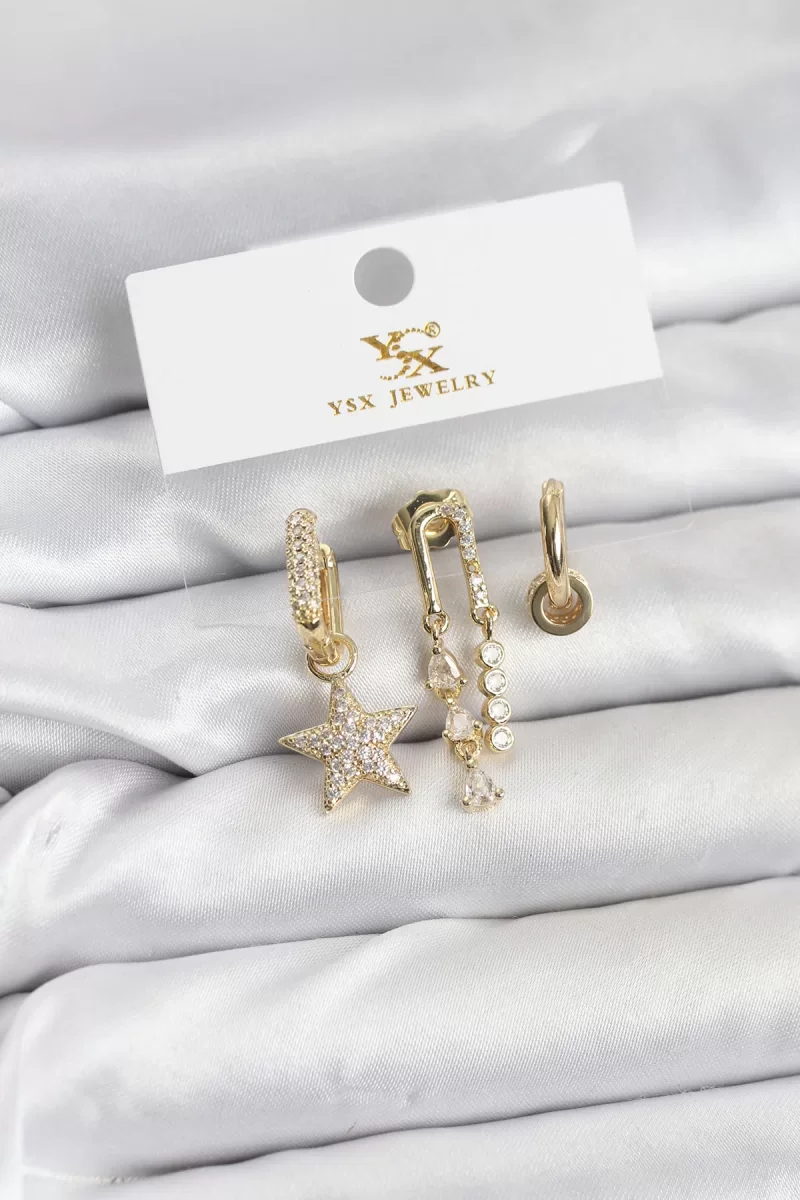 Pirinç Gold Renk Zirkon Taşlı Yıldız Vintage Model YSX Trio Küpe Seti - Lisinya
