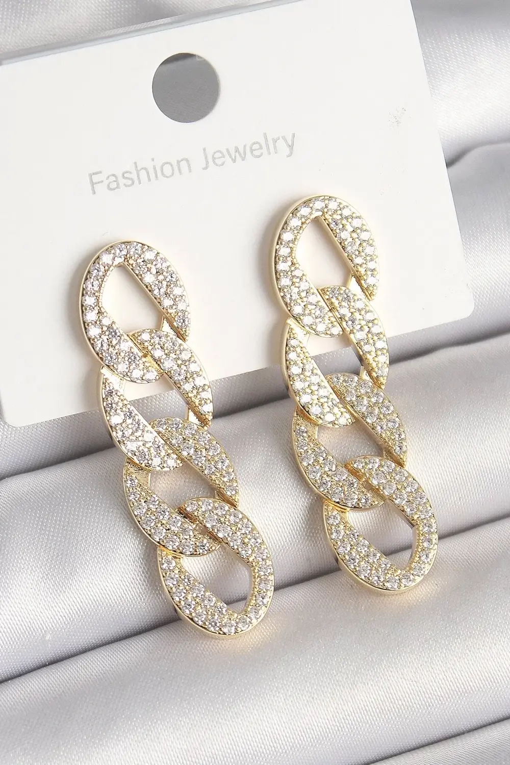 Pirinç Gold Renk Zirkon Taşlı Zincir Model Kadın Küpe