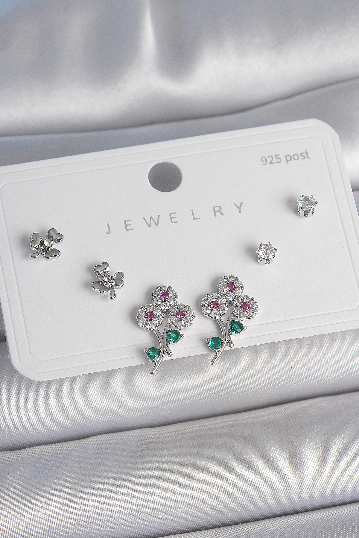 Pirinç Gümüş Renk Renkli Zirkon Taşlı Çiçek Model Yaprak Detay 92