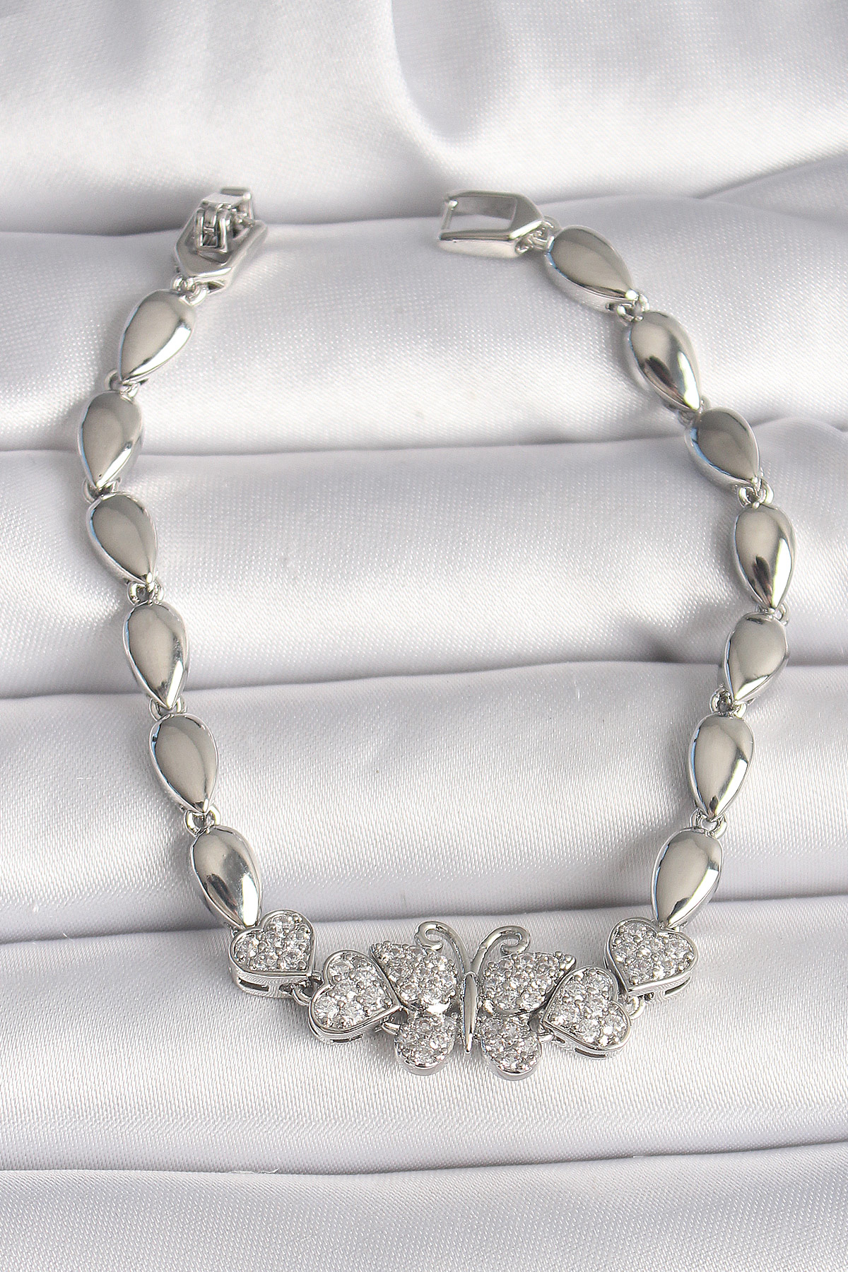 Pirinç Gümüş Renk Zirkon Taşlı Kelebek Figür Damla Zincir Model K