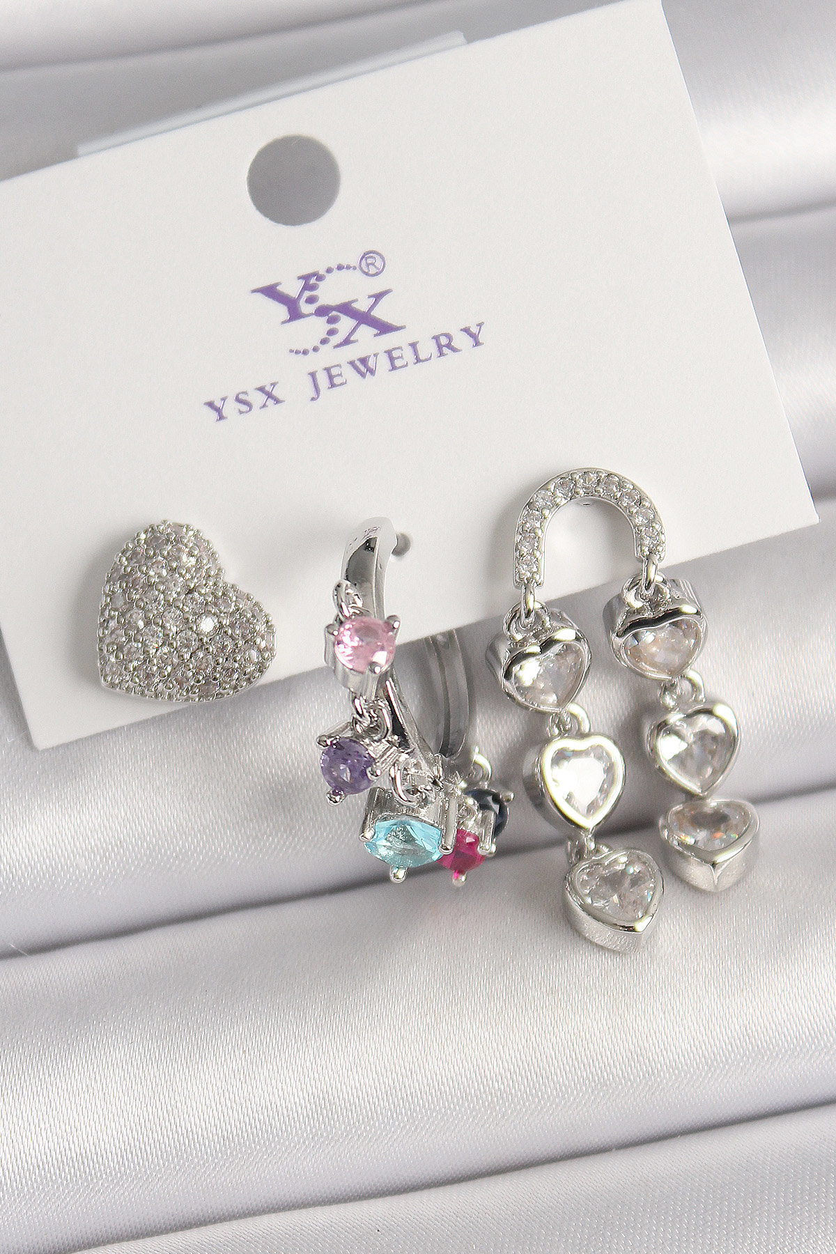 Pirinç Gümüş Renk Zirkon Taşlı Kalp Figür Renkli Taş Detay 3'Lü K