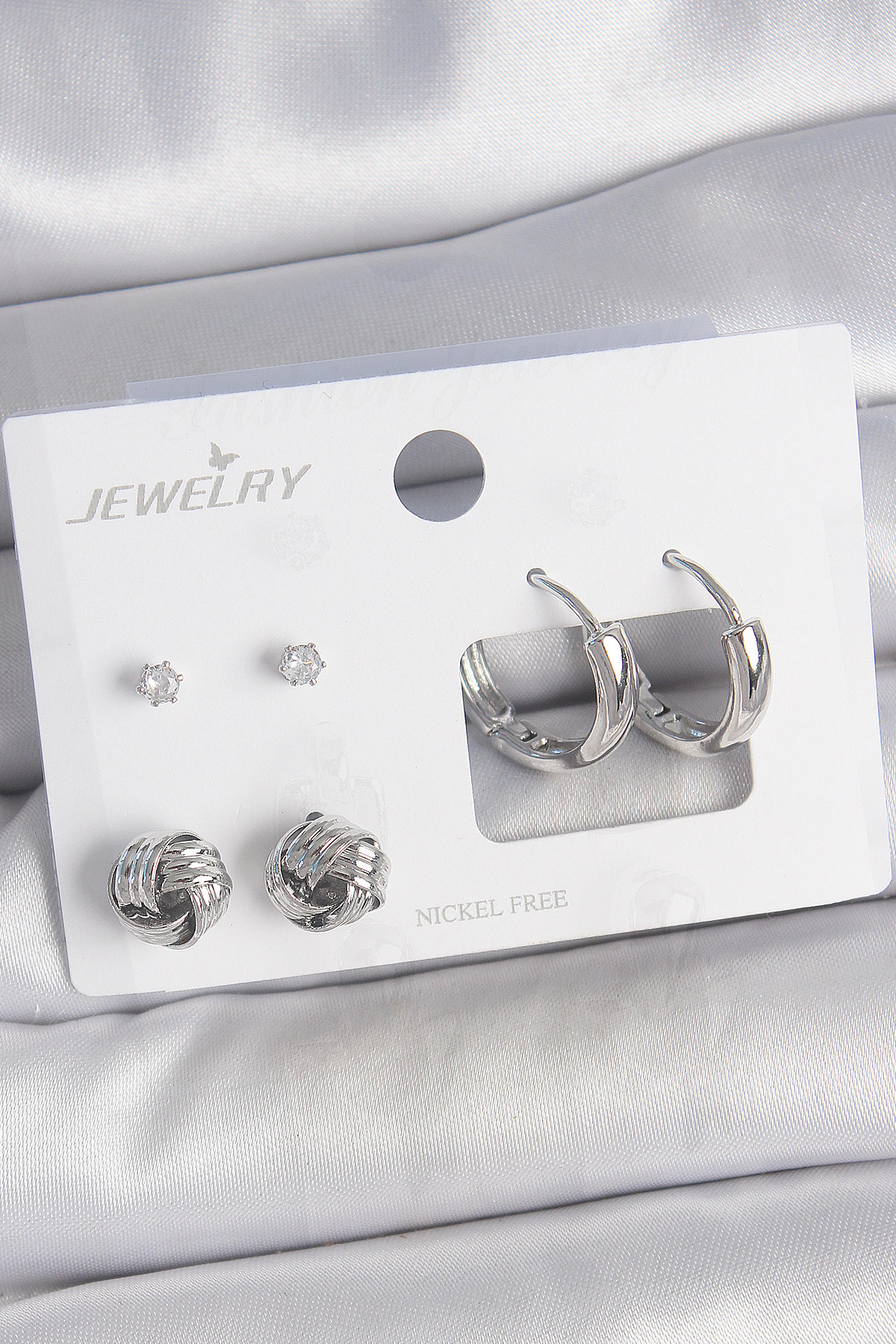 Pirinç Gümüş Renk Zirkon Taşlı Halka Model 3 Çift Kadın Küpe Seti