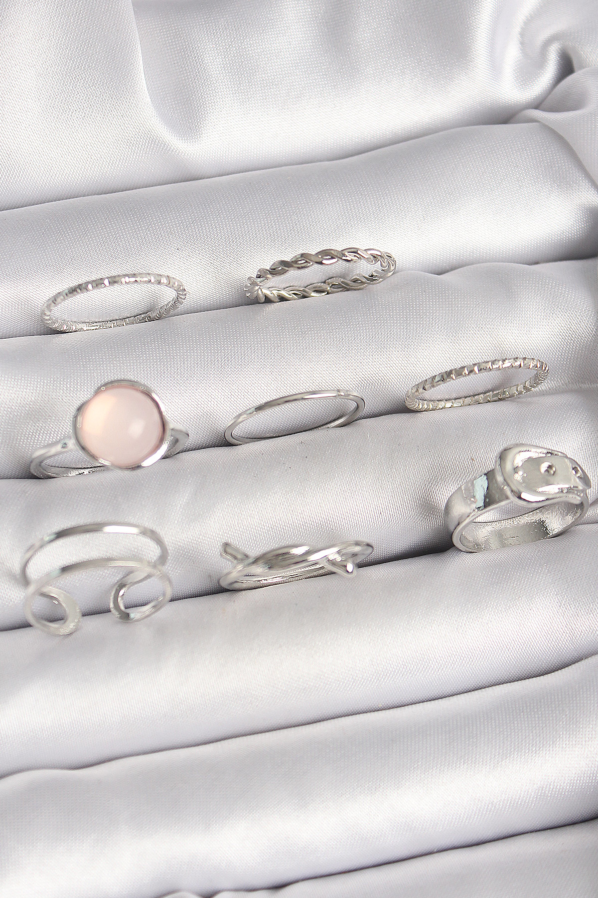 Pirinç Gümüş Renk Pembe Mineli Kemer Düğüm Figür Kadın Yüzük Komb