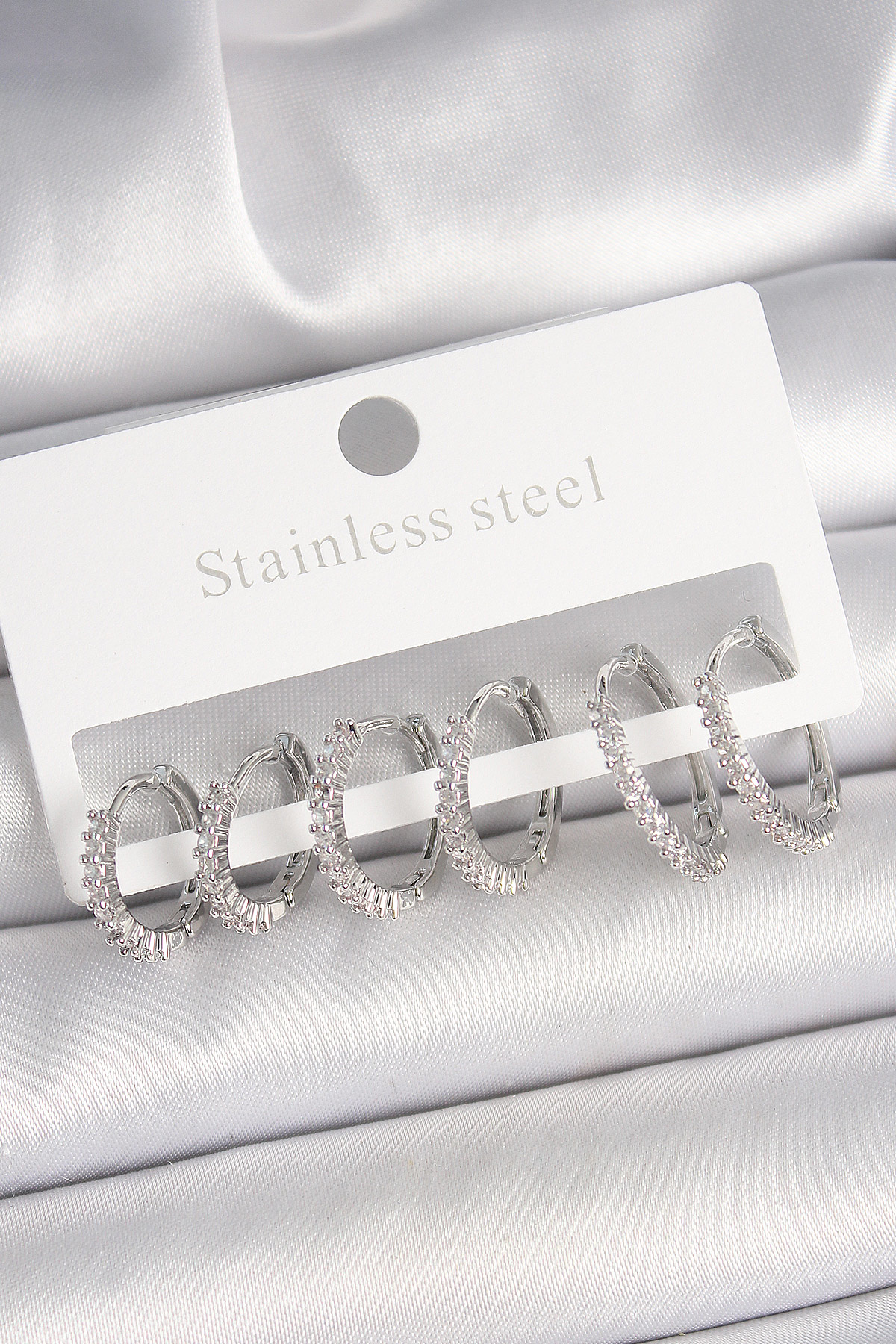 Pirinç Gümüş Renk Zirkon Taşlı 3 Çift Halka Model Kadın Küpe - TJ