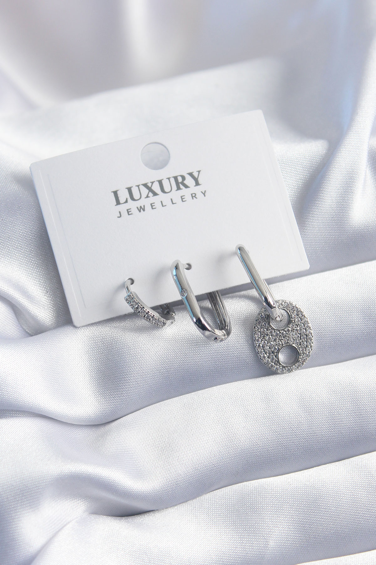 Pirinç Gümüş Renk Zirkon Taşlı 3'lü Kadın Küpe Seti SL6839