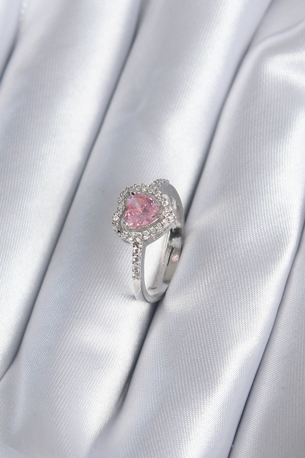 Pirinç Gümüş Renk Pembe Zirkon Taş Kalp Charm Model Kadın Yüzük -