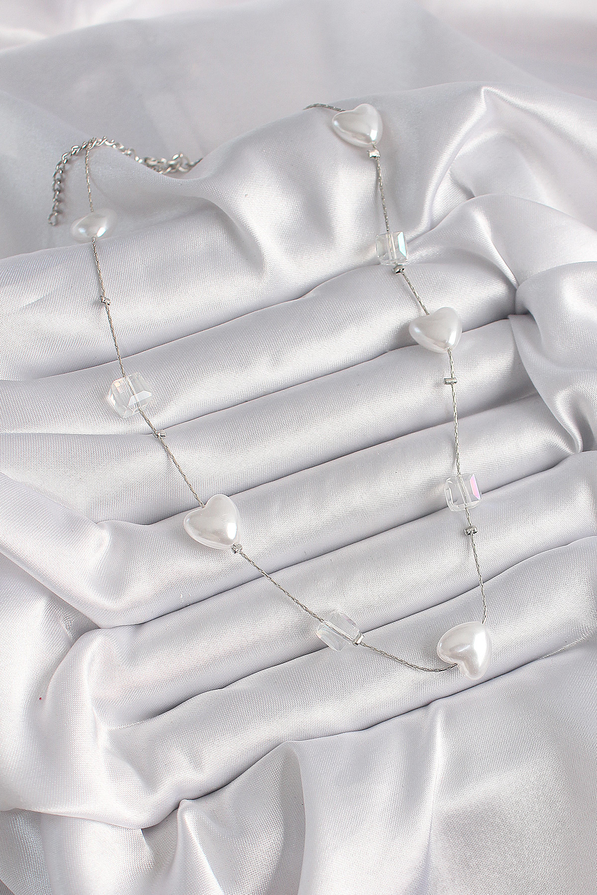 Pirinç Gümüş Renk Beyaz İnci Kalp Model Kadın Kolye SL9664