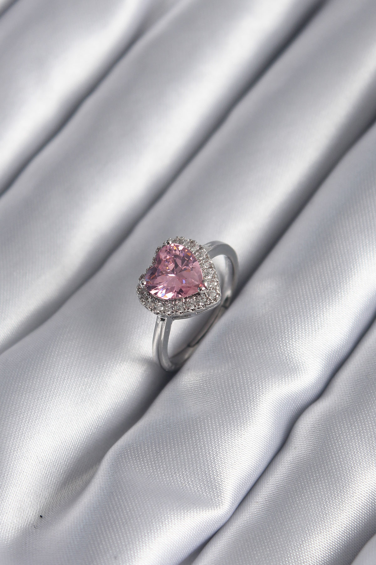 Pirinç Gümüş Renk Pembe Zirkon Taş Kalp Charm Model Kadın Yüzük -