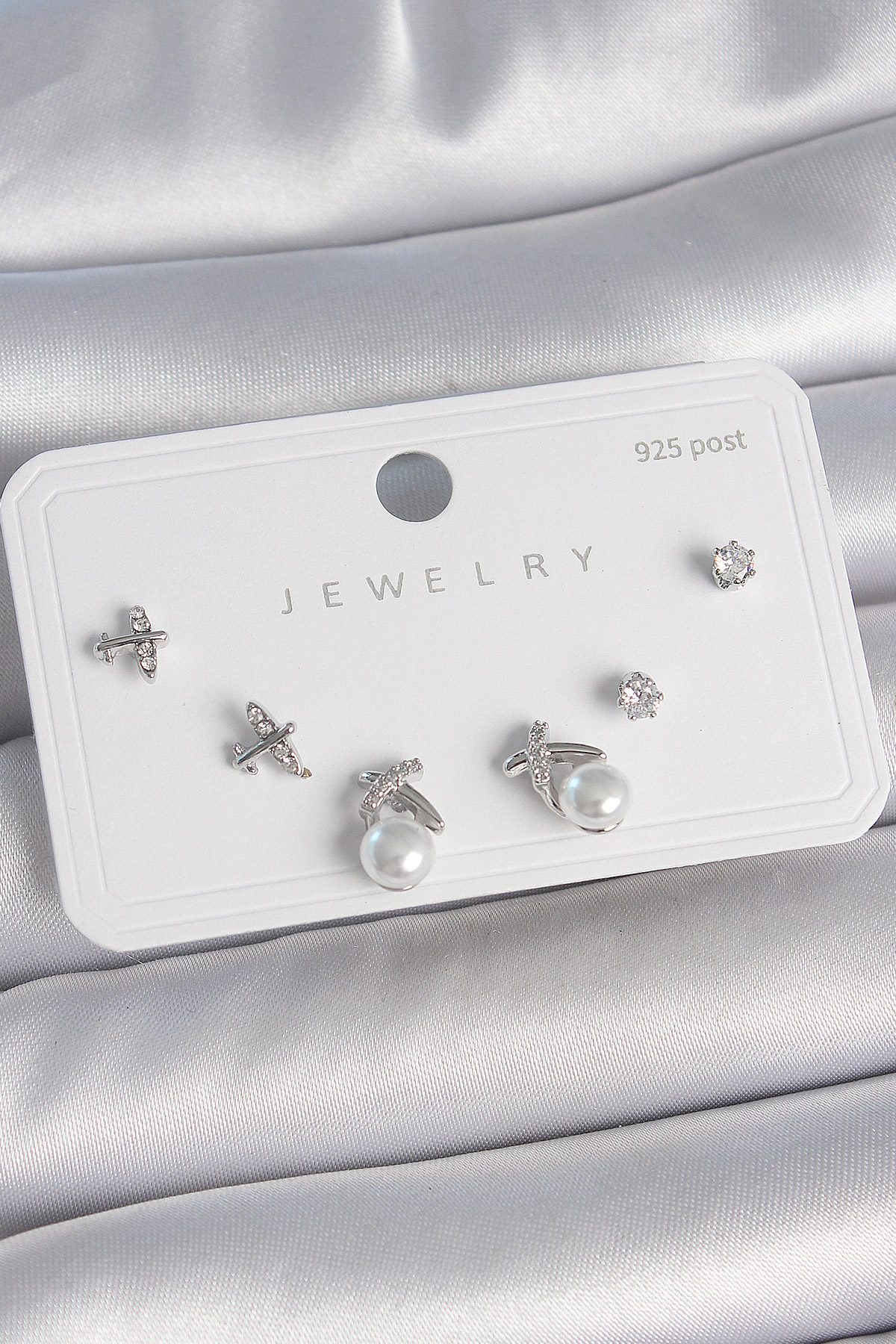 Pirinç Gümüş Renk Zirkon Taşlı Kelebek Model İnci Detay 925 Ayar