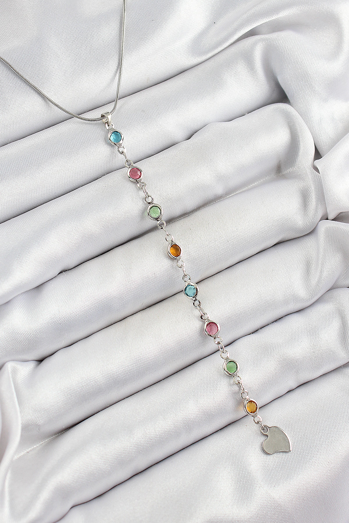 Pirinç Gümüş Renk Karışık Renk Zirkon Taşlı Y Kadın Kolye - TJ-BK