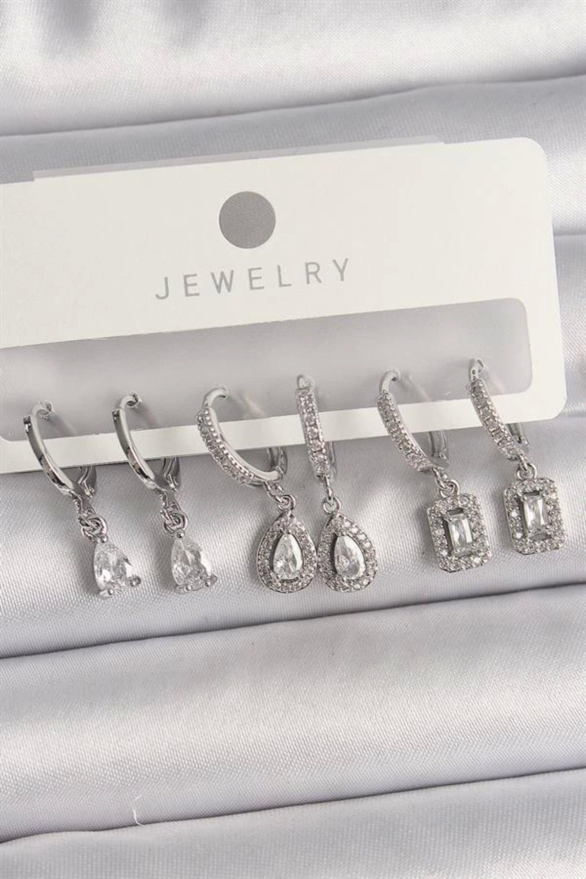 Pirinç Gümüş Renk Sallantı Zirkon Taşlı Damla Model Kadın Küpe Se