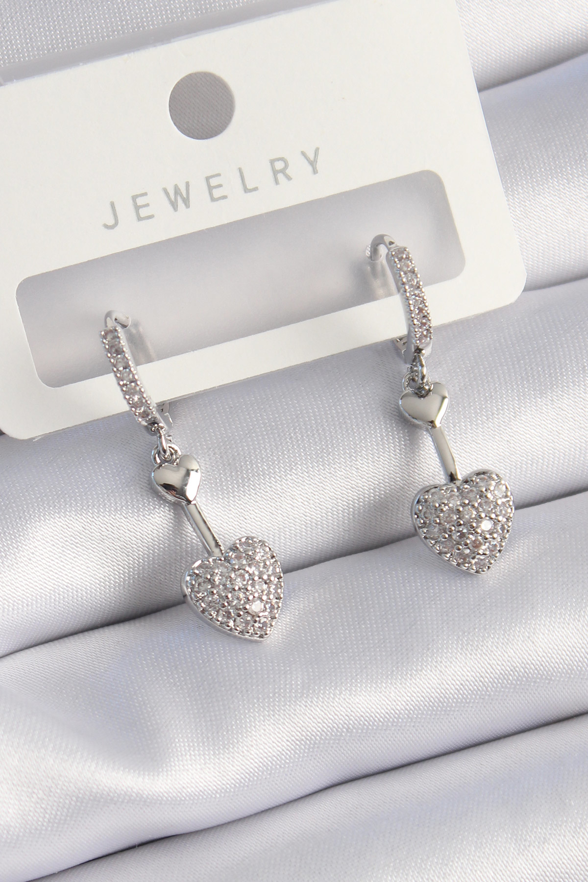 Stillove Pirinç Gümüş Renk Zirkon Taşlı Sallantı Kalp Model Kadın Küpe Sl8