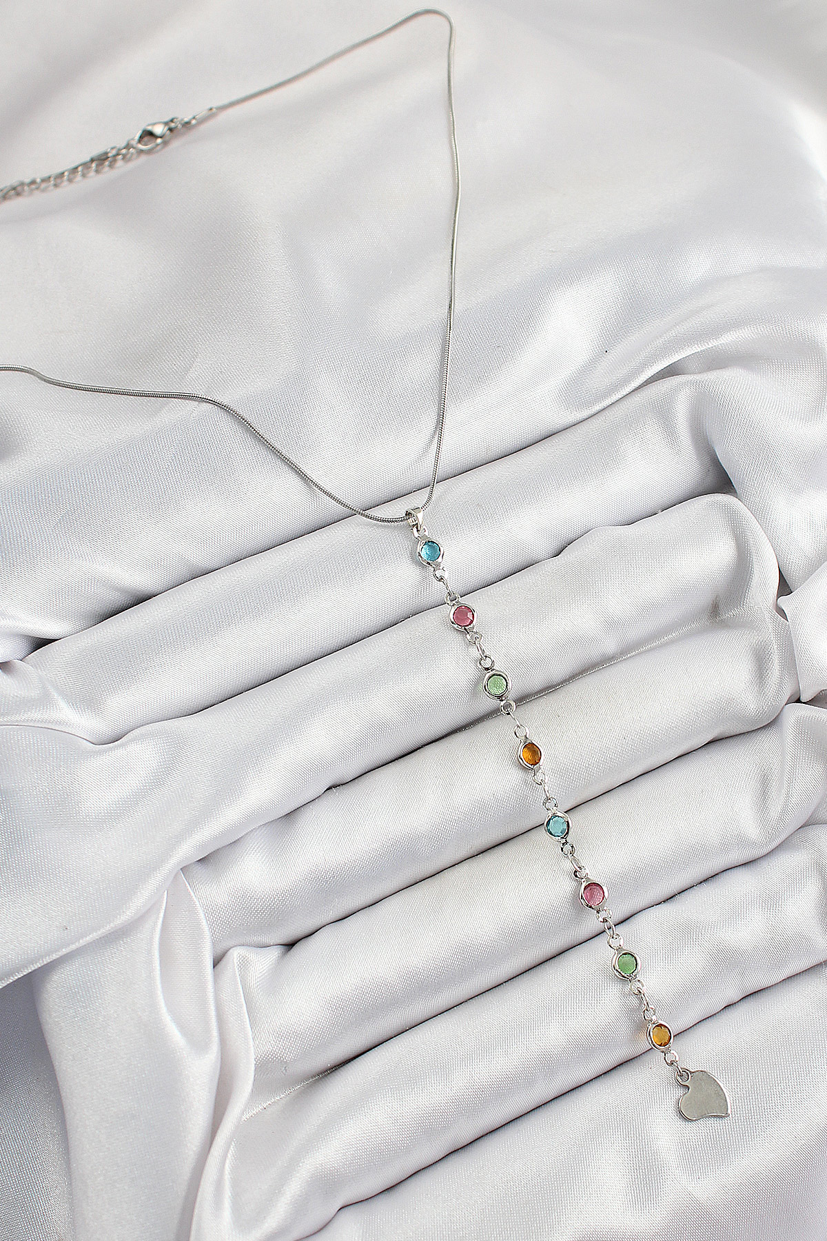 Pirinç Gümüş Renk Karışık Renk Zirkon Taşlı Y Kadın Kolye - TJ-BK