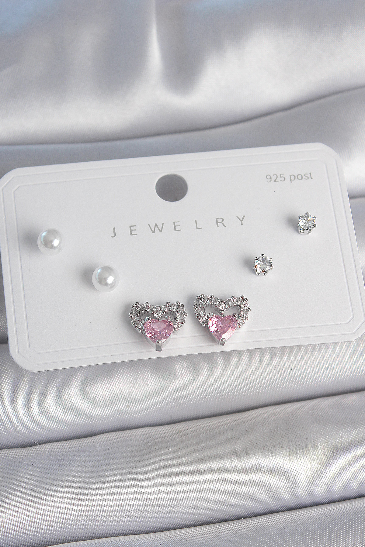 Pirinç Gümüş Renk Pembe Zirkon Taşlı Kalp Model İnci Detay 925 Ay