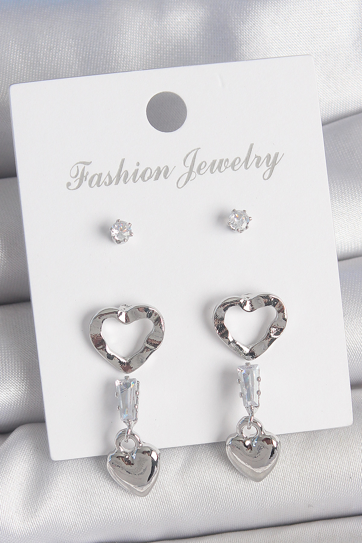 Pirinç Gümüş Renk Zirkon Taş Detaylı Sallantı Model 2 Çift Kadın 