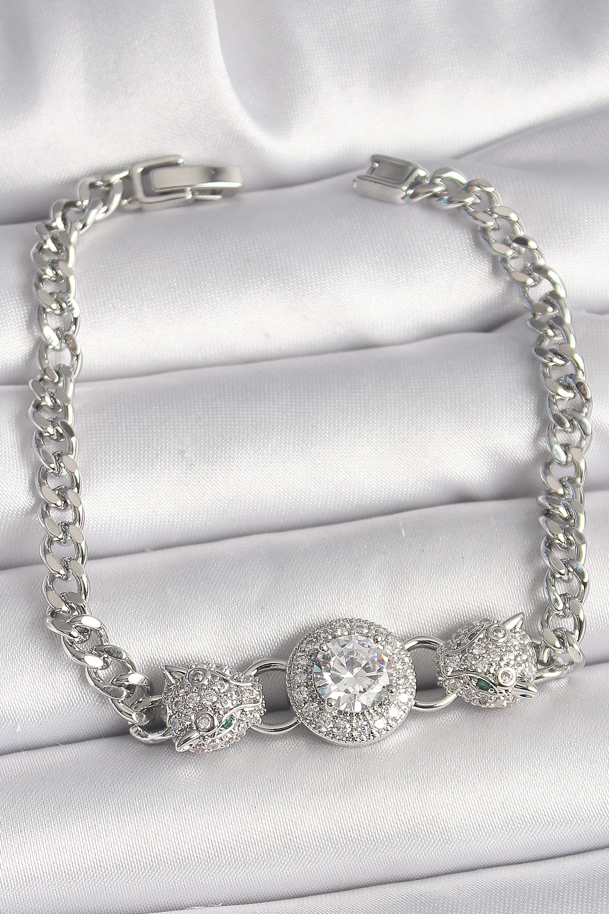 Pirinç Gümüş Renk Zirkon Taşlı Leopar Figür Zincir Model Kadın Bi