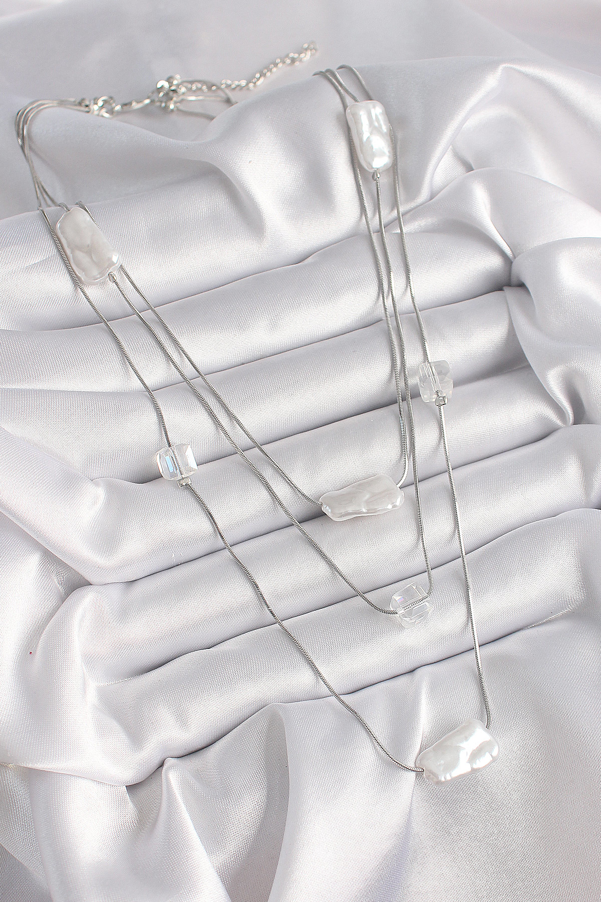 Stillove Pirinç Gümüş Renk Ezme İnci Model Çoklu Kadın Kolye Sl9661