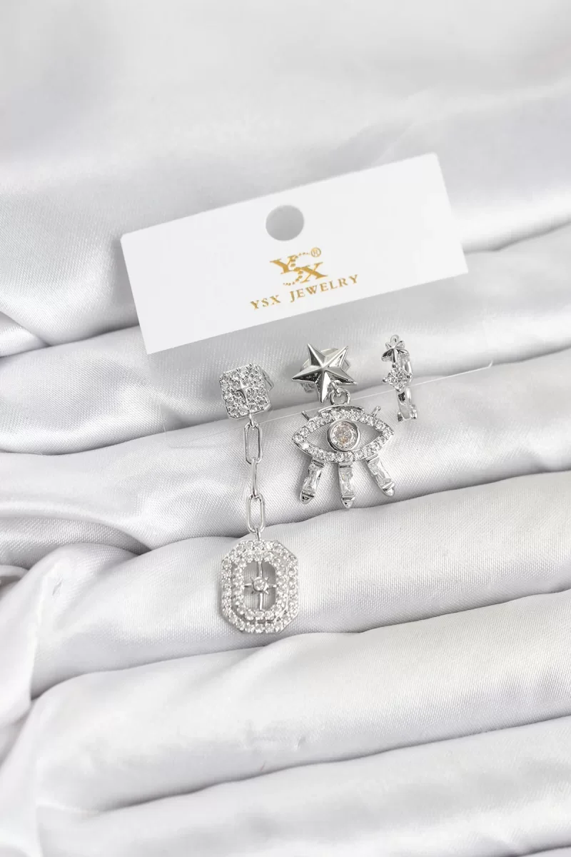 Pirinç Gümüş Renk Göz ve Kutup Yıldızı Model YSX Trio Küpe Seti - Lisinya