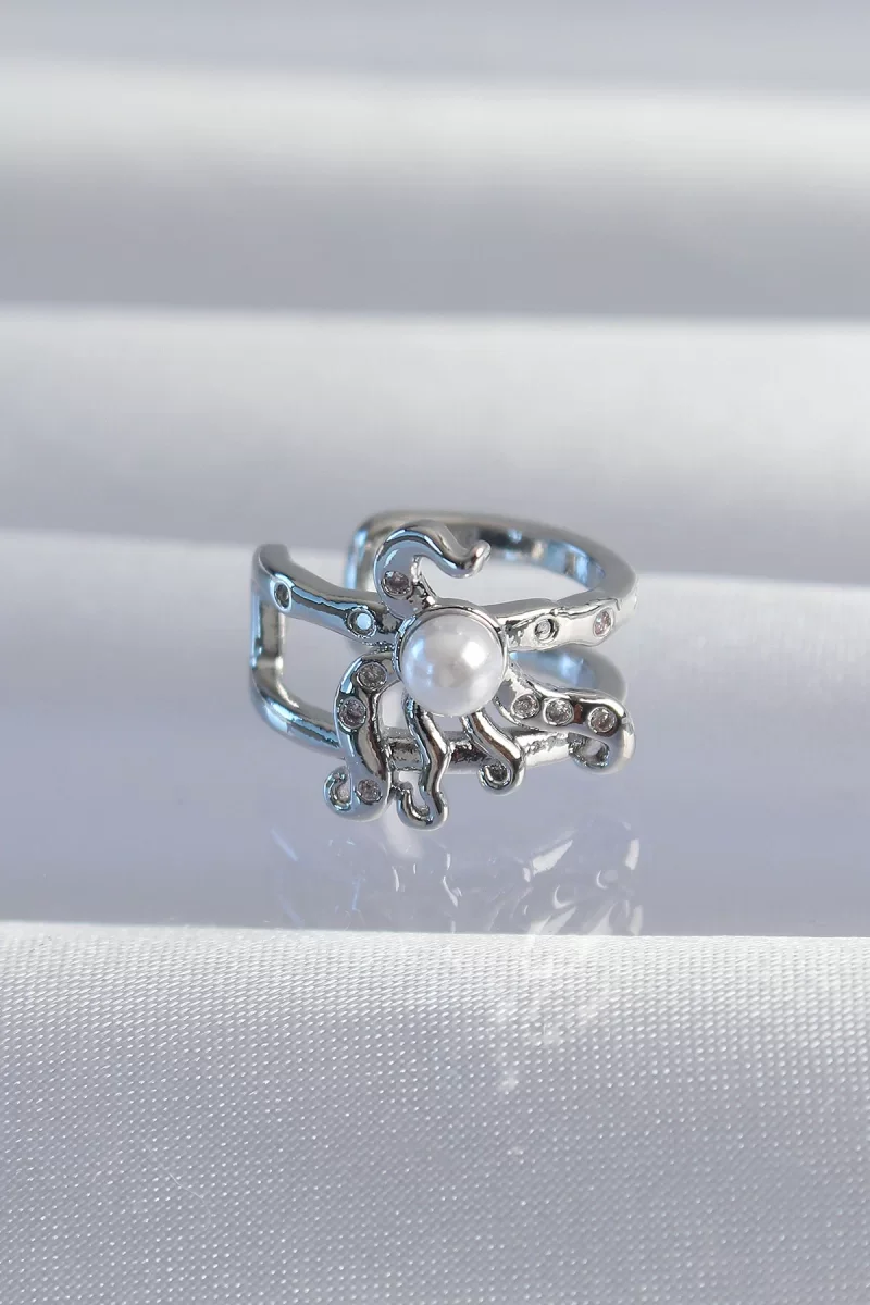 Pirinç Gümüş Renk İncili Ahtapot Earcuff Küpe - Lisinya