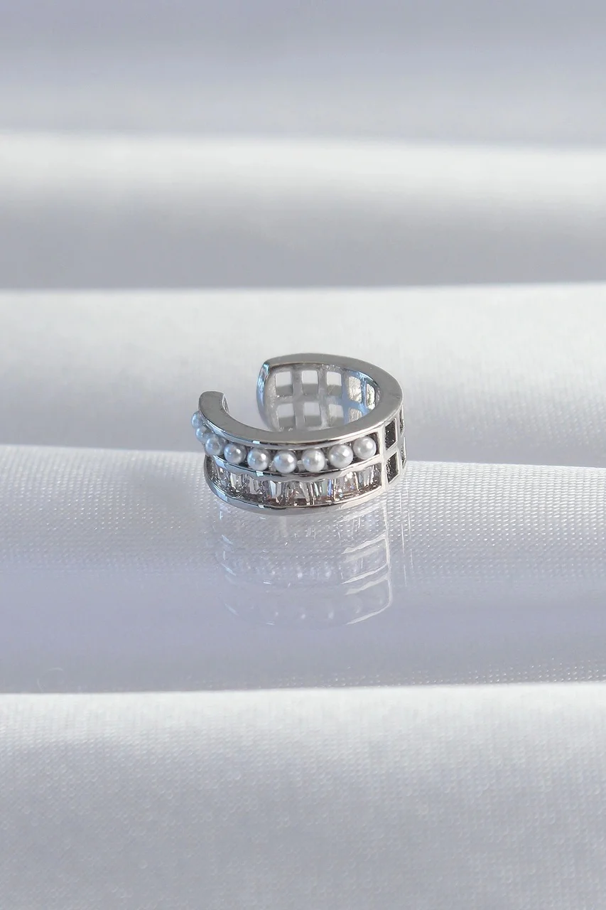 Pirinç Gümüş Renk İncili Baget Taşlı Earcuff Küpe Çok Renkli