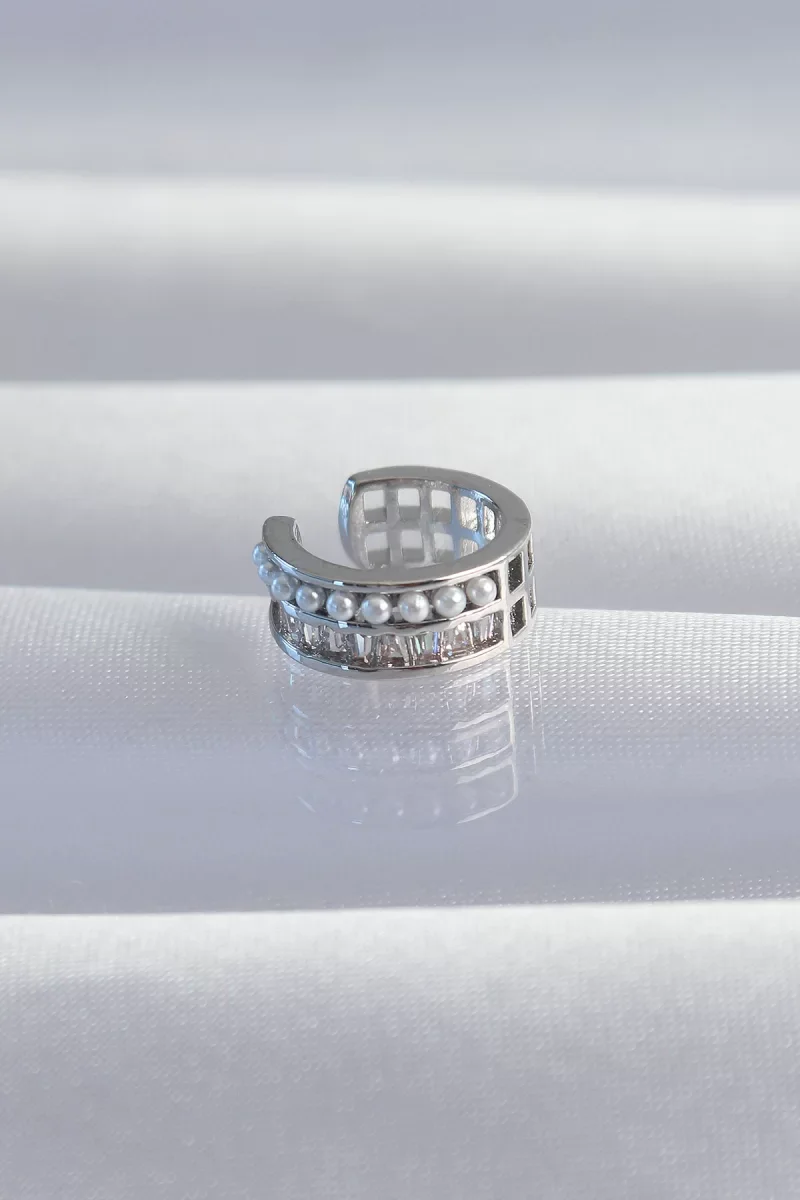 Pirinç Gümüş Renk İncili Baget Taşlı Earcuff Küpe - Lisinya