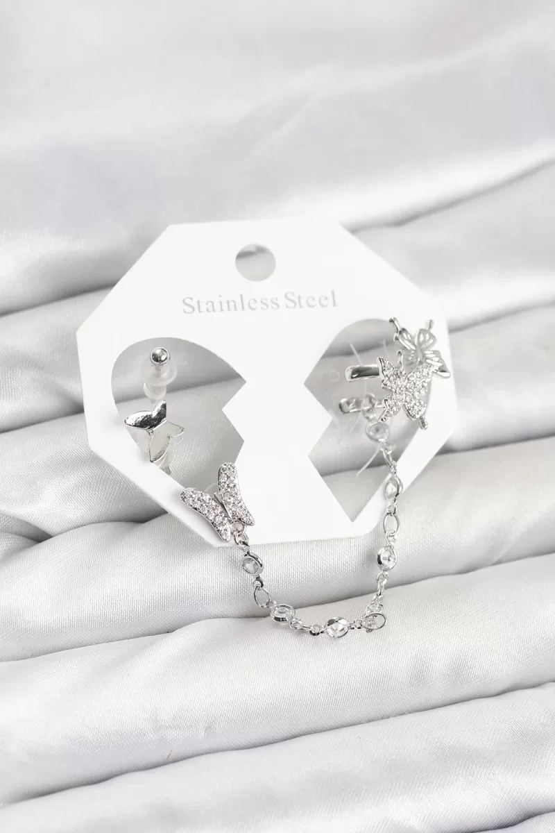 Pirinç Gümüş Renk Kelebek Model Zincir Bağlantılı Ear Cuff Küpe Seti - Lisinya