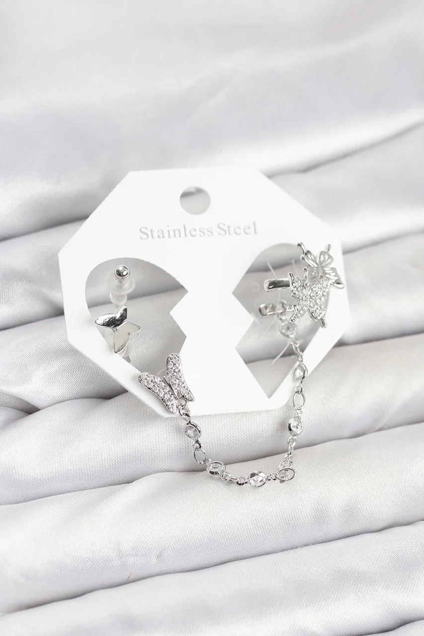 Pirinç Gümüş Renk Model Zincir Bağlantılı Ear Cuff Küpe Seti Tj-bkp11535 Diğer