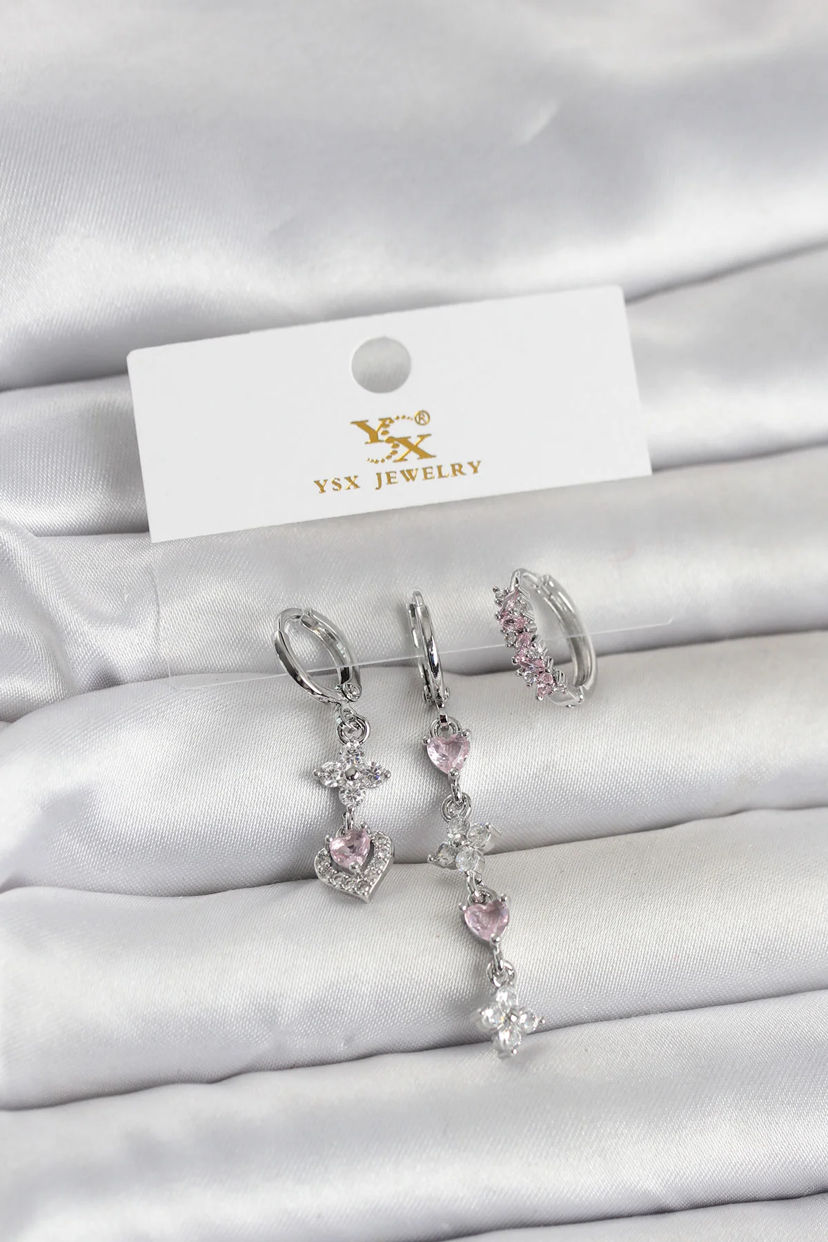 Pirinç Gümüş Renk Pembe Zirkon Taşlı 3'lü Kadın Küpe 5886