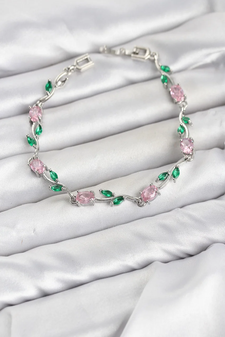 Pirinç Gümüş Renk Pembe Zirkon Taşlı Çiçek Model Kadın Bileklik - Lisinya Diğer