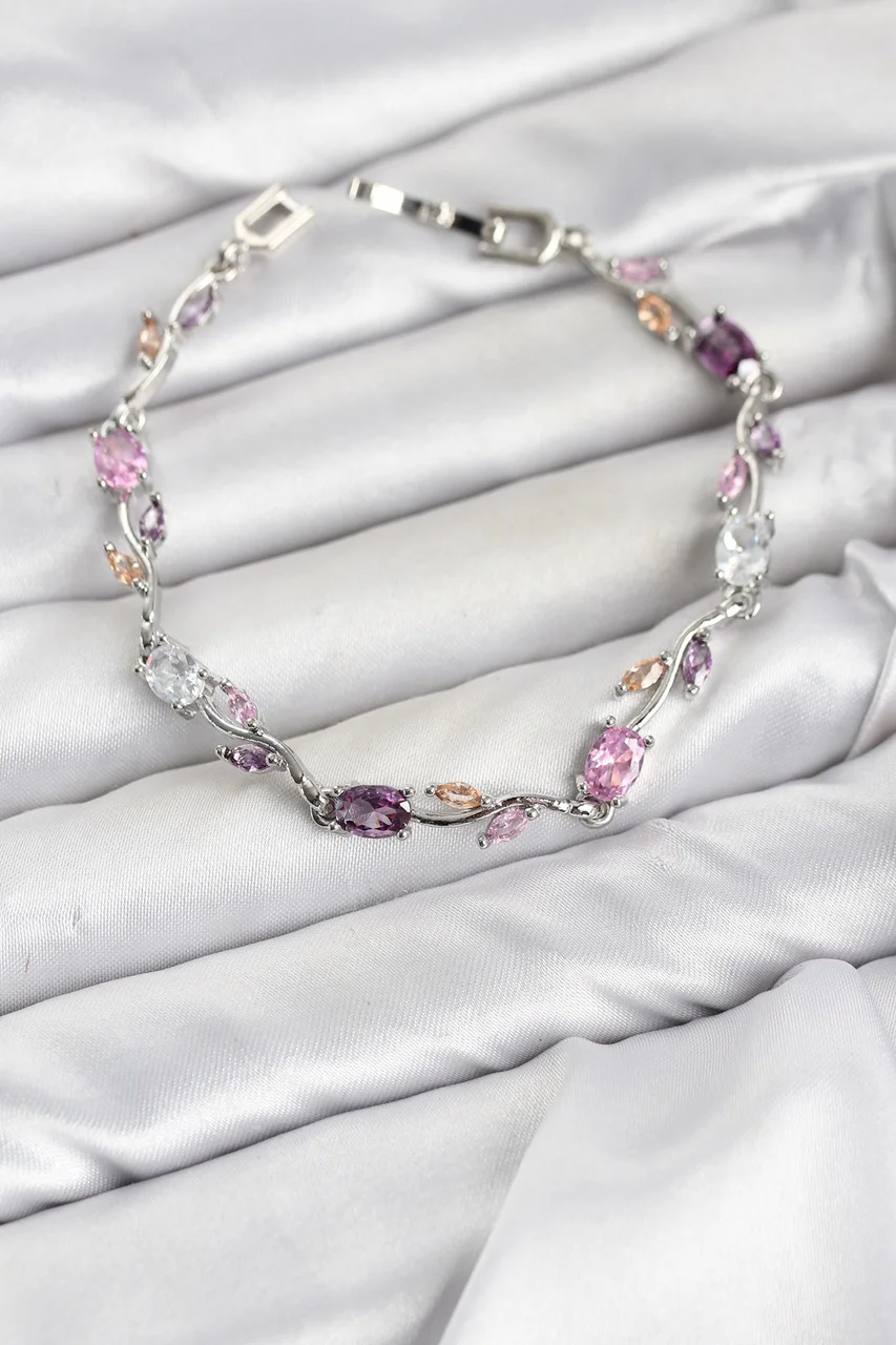 Pirinç Gümüş Renk Pembe Ve Mor Zirkon Taşlı Çiçek Model Kadın Bileklik - Lisinya Diğer