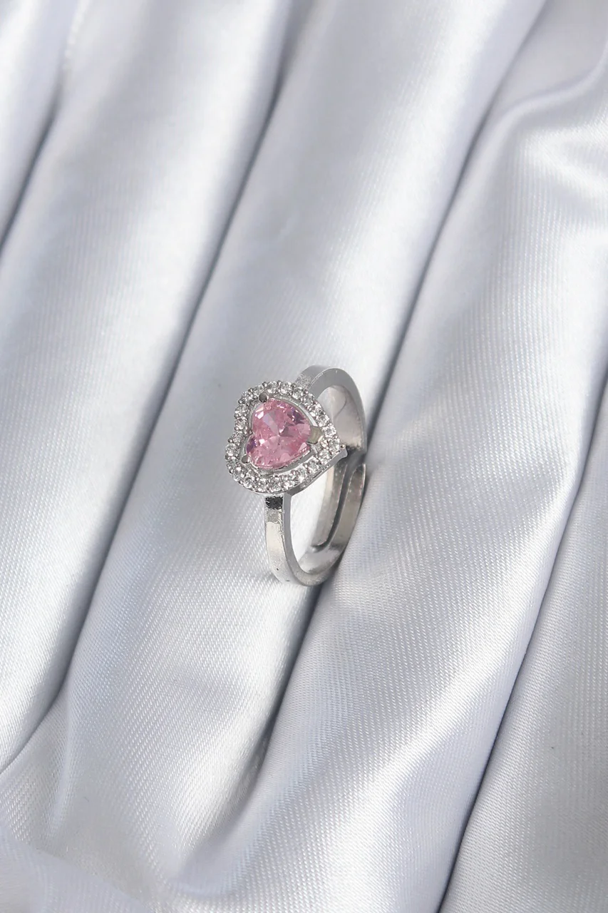 Pirinç Gümüş Renk Pembe Zirkon Taşlı Charm Model Kadın Yüzük Diğer