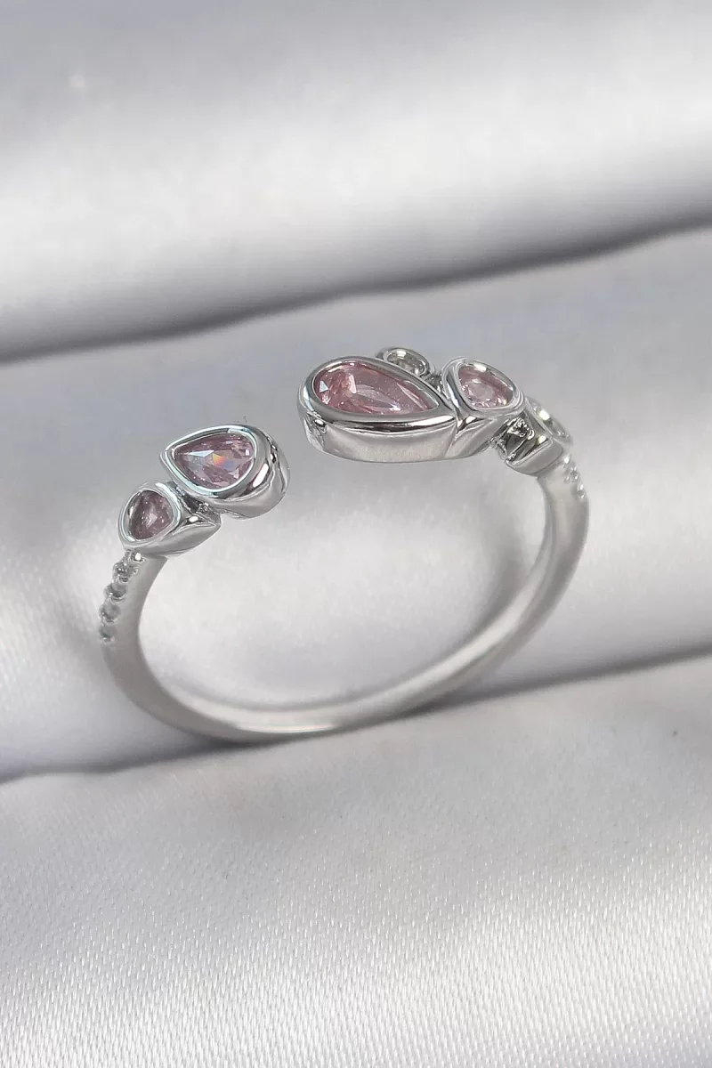Pirinç Gümüş Renk Pembe Damla Zirkon Taşlı Ayarlanabilir Model Kadın Yüzük - Lisinya