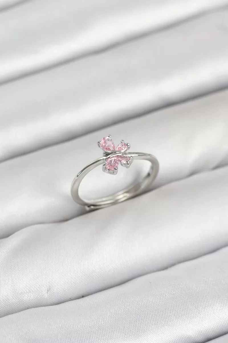 Pirinç Gümüş Renk Pembe Kelebek Kadın Yüzük - Lisinya