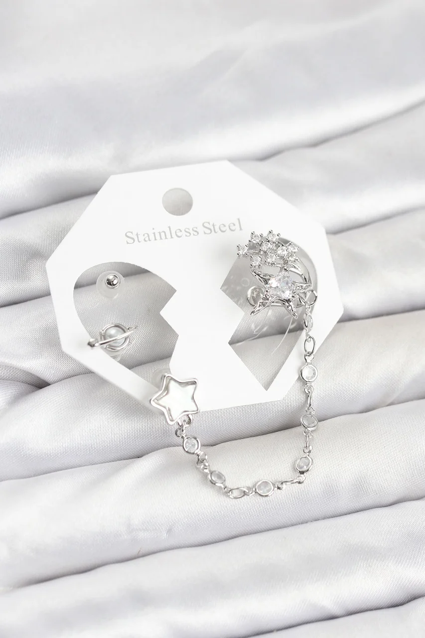 Pirinç Gümüş Renk Yıldız Model Zincir Bağlantılı Ear Cuff Küpe Se