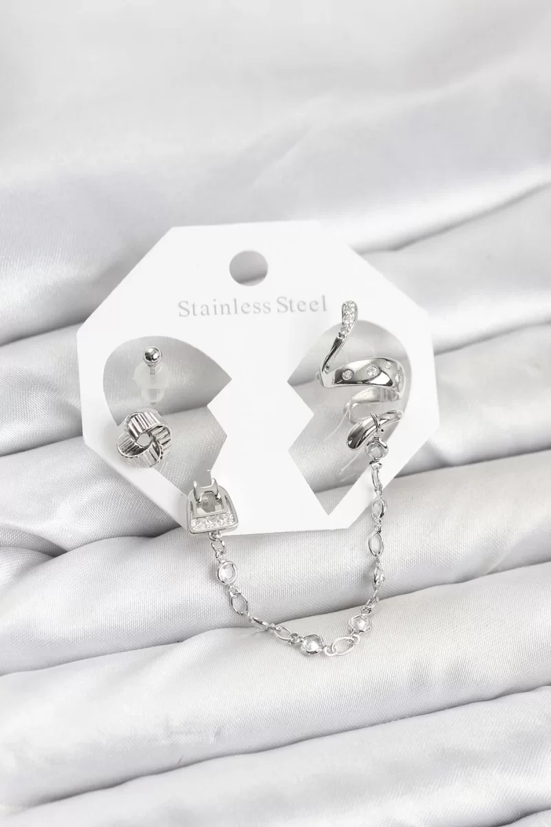 Pirinç Gümüş Renk Yılan Model Zincir Bağlantılı Ear Cuff Küpe Seti - Lisinya