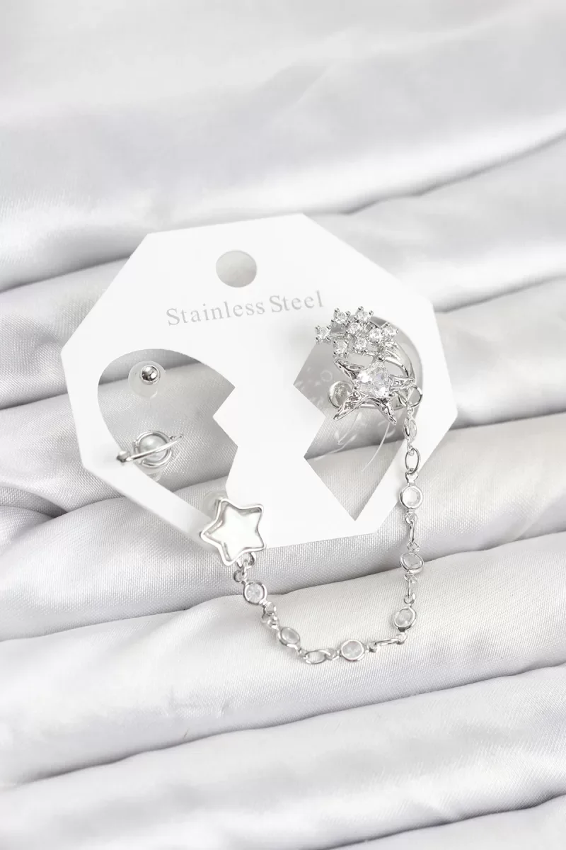 Pirinç Gümüş Renk Yıldız Model Zincir Bağlantılı Ear Cuff Küpe Seti - Lisinya