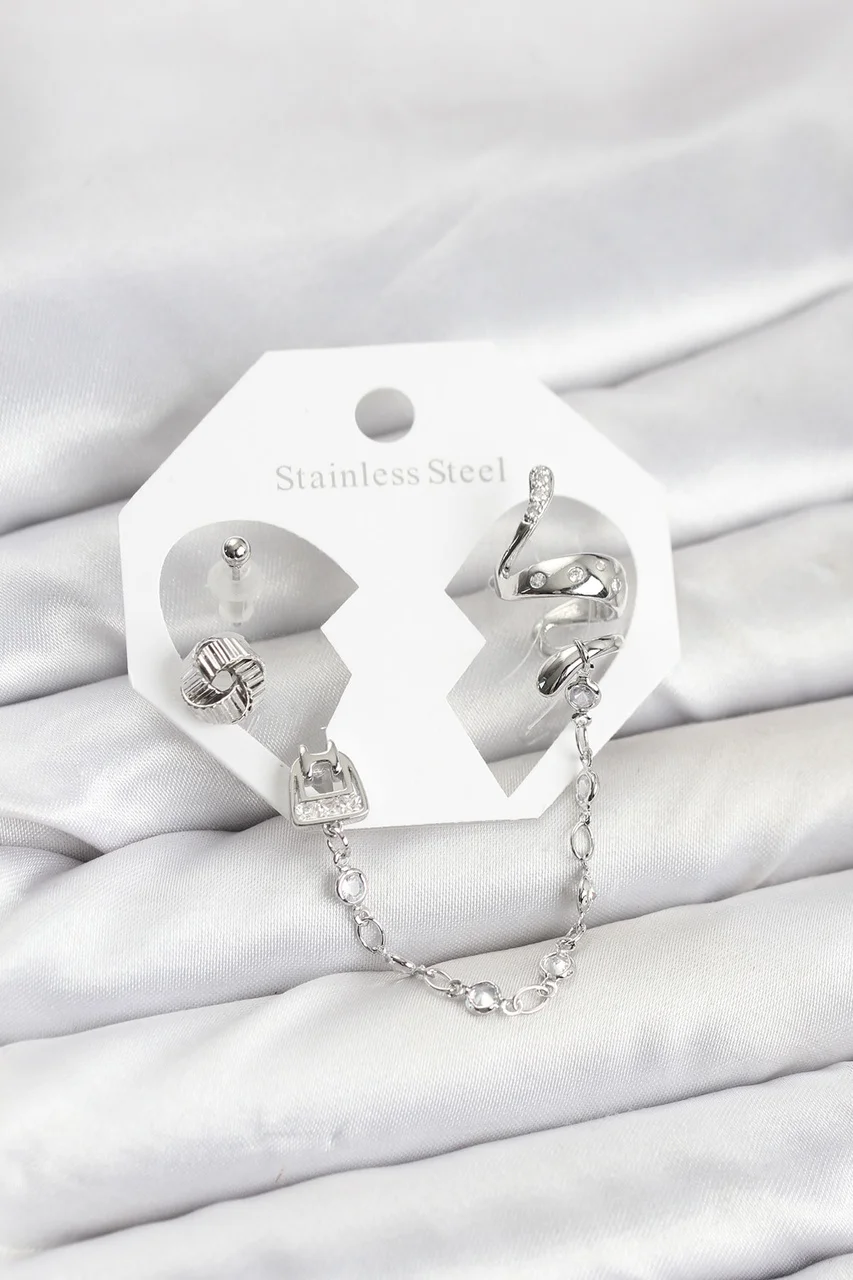 Pirinç Gümüş Renk Yılan Model Zincir Bağlantılı Ear Cuff Küpe Seti Çok Renkli