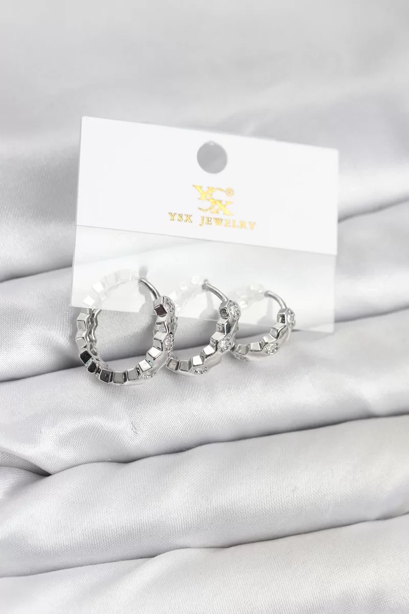 Pirinç Gümüş Renk Zirkon Taşlı Petek Halka Model YSX Trio Küpe Seti - Lisinya