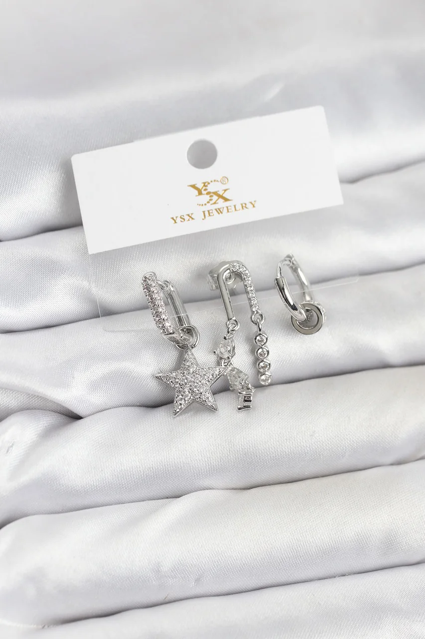 Pirinç Gümüş Renk Zirkon Taşlı Yıldız Vintage Model Ysx Trio Küpe Seti Çok Renkli