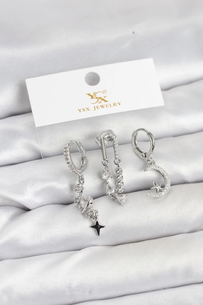 Pirinç Gümüş Renk Zirkon Taşlı Uzay Model Ysx Trio Küpe Seti Tj-bkp11569 Diğer