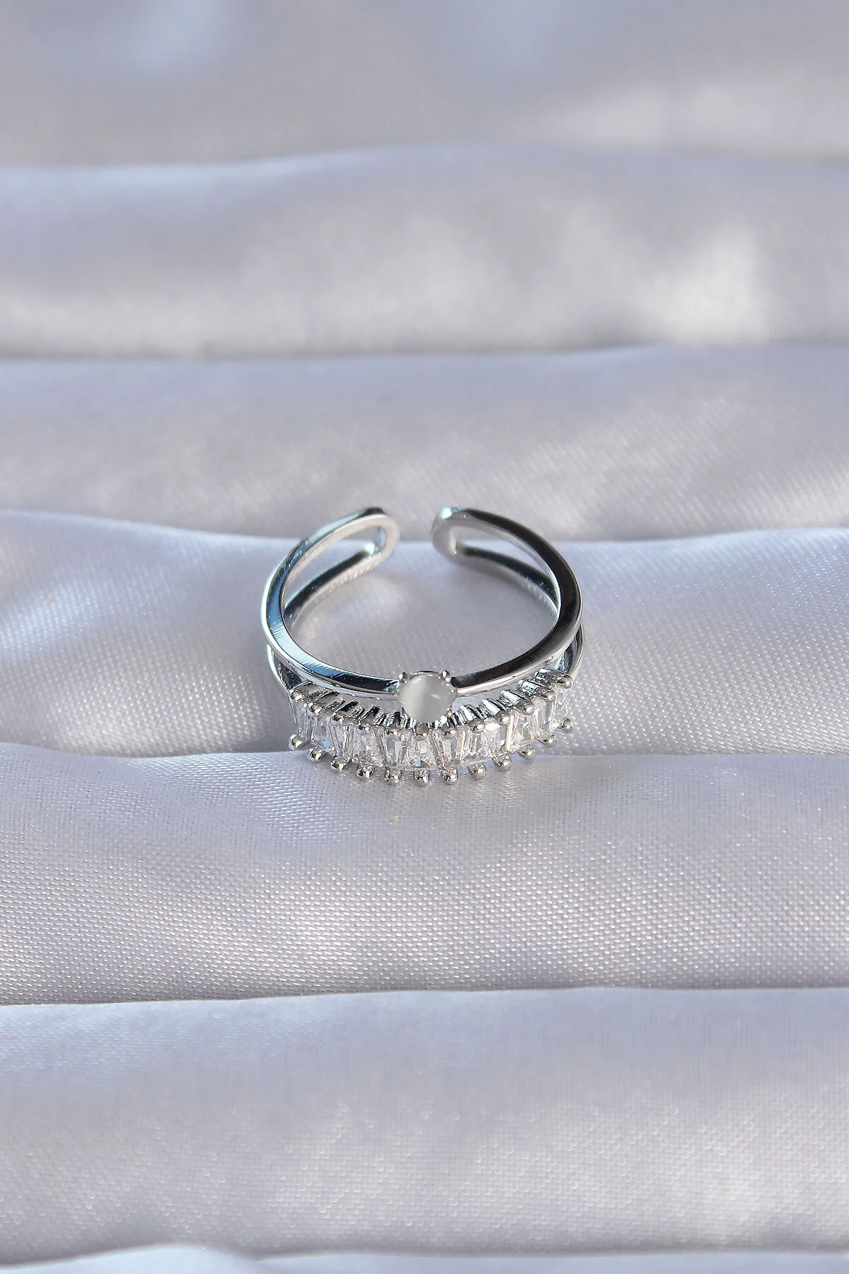 Pirinç Gümüş Renk Zirkon Taşlı Baget Su Yolu Model Ayarlanabilir 