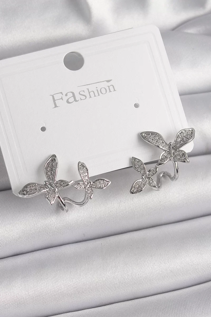 Pirinç Gümüş Renk Zirkon Taşlı Kelebek Model Kadın Küpe - Lisinya